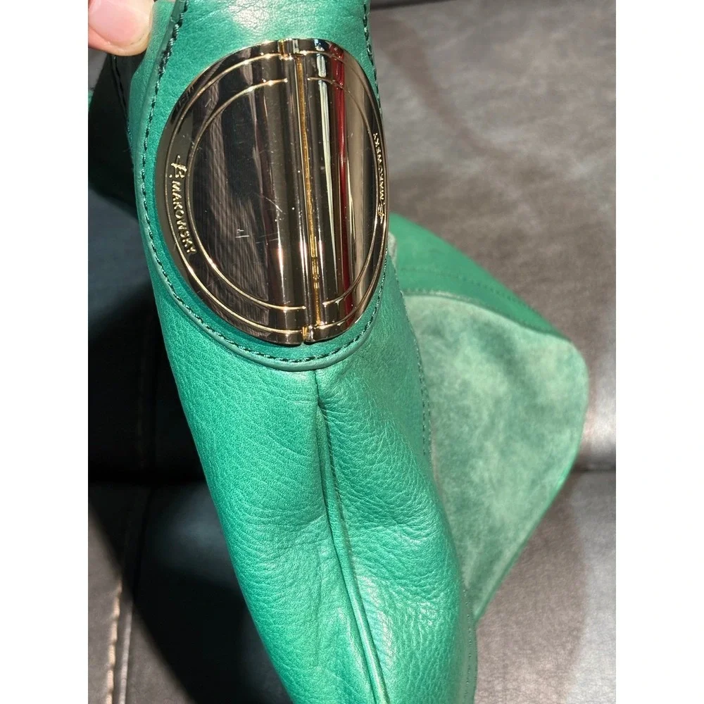 B. Makowsky Green Leather Suede Hobo Shoulder Bag Leopard Print Lining Gold Tone